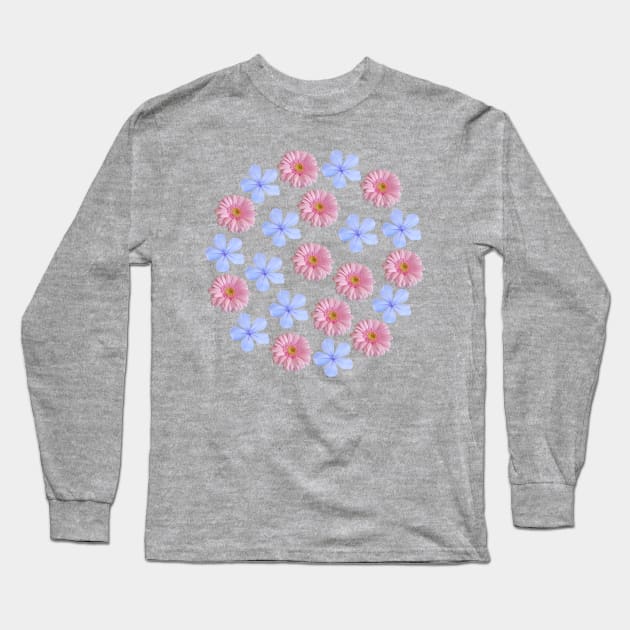 Pink Gerbera and Blue Floral Group Long Sleeve T-Shirt by ellenhenryflorals